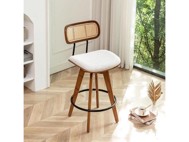 26' Rattan Bar Stools Set of 4, Beige Linen Fabric Counter Height Swivel Barstools with Rattan Backrest and Wooden Legs,Armless Mid Century Modern...