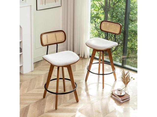 26' Rattan Bar Stools Set of 4, Beige Linen Fabric Counter Height Swivel Barstools with Rattan Backrest and Wooden Legs,Armless Mid Century Modern...