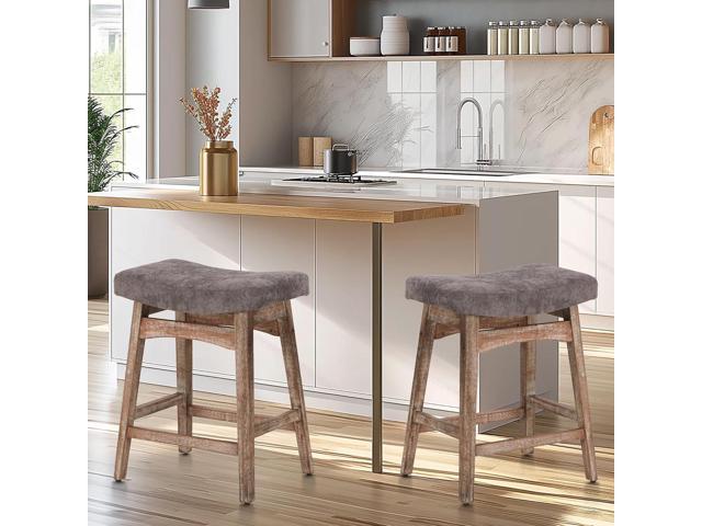 Solid Wood Bar Stool for Kitchen Counter Height Barstool with Fabric Saddle Seat Farmhouse Rustic Upholstered Stool for 34'-38' Counter Island, 24...