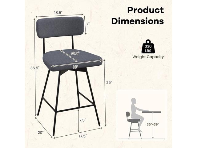 COSTWAY Bar Stools Set of 2, 25 Upholstered Counter Height Bar Stools with Back, 360° Swivel Dining Chairs with Heavy-Duty Metal Legs and...
