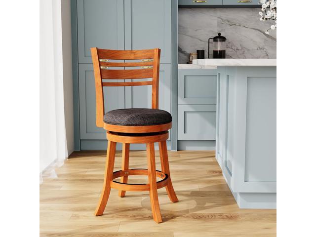 DTY Indoor Living Granby Slat Back Fabric Swivel Stool, 24' Counter Height, Natural Finish, Charcoal Fabric Seat