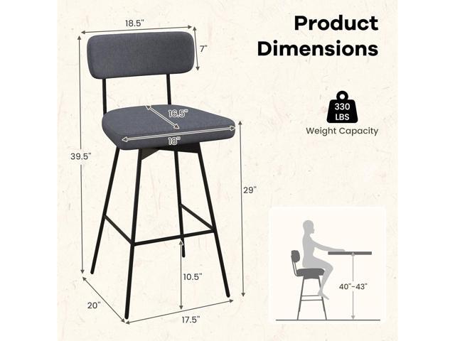 COSTWAY Bar Stools Set of 2, 29 Upholstered Bar Height Chairs with Back, 360° Swivel Bar Chairs with Heavy-Duty Metal Legs and Footrests, Fabric...