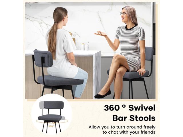 COSTWAY Bar Stools Set of 2, 29 Upholstered Bar Height Chairs with Back, 360° Swivel Bar Chairs with Heavy-Duty Metal Legs and Footrests, Fabric...