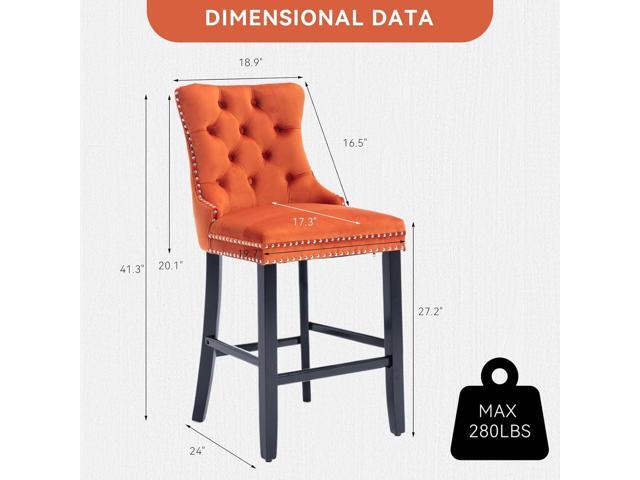 Velvet Upholstered Bar Stools Set of 2 with Back and Wood Legs, Metal Pulling Ring, Armless Counter Height Barstools for Kitchen Island, Pub(Orange)