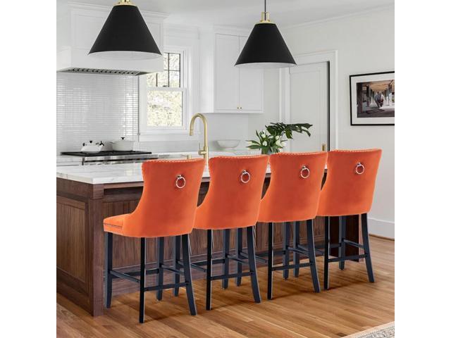 Velvet Upholstered Bar Stools Set of 2 with Back and Wood Legs, Metal Pulling Ring, Armless Counter Height Barstools for Kitchen Island, Pub(Orange)