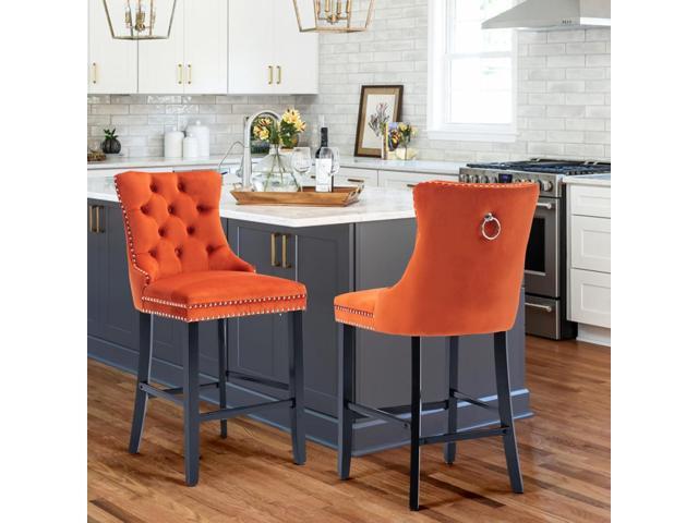 Velvet Upholstered Bar Stools Set of 2 with Back and Wood Legs, Metal Pulling Ring, Armless Counter Height Barstools for Kitchen Island, Pub(Orange)