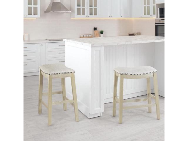 OSP Home Furnishings Metro 24-inch Counter Height Saddle Stool with Nailhead Trim 2-Pack, Antique White Base with Beige Fabric