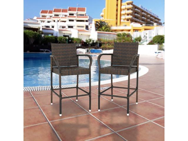 SUPER DEAL Upgraded Wicker Bar Stool Chairs Outdoor Backyard Rattan Chair w/Iron Frame, Armrest and Footrest (2)