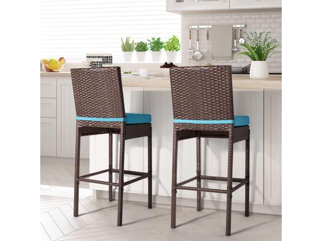 Outdoor Patio Stools & Bar Chairs Set of 2 Wicker Woven Outdoor Bar Stools Bar Height Chairs High Back with Footrest Armless Cushion Blue All...