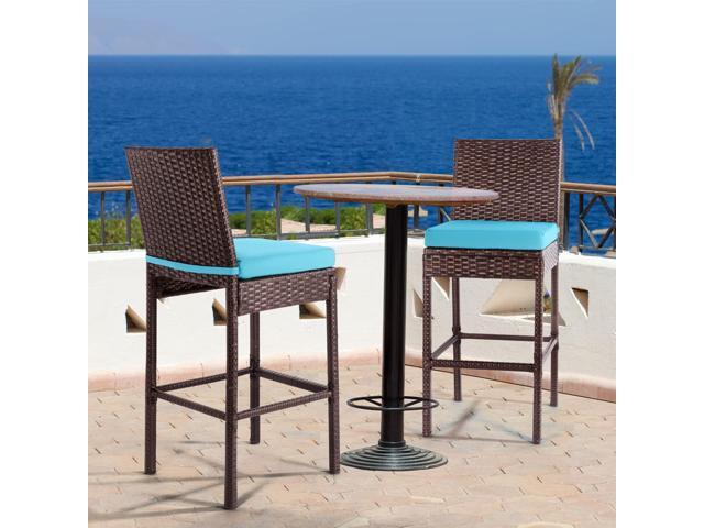 Outdoor Patio Stools & Bar Chairs Set of 2 Wicker Woven Outdoor Bar Stools Bar Height Chairs High Back with Footrest Armless Cushion Blue All...