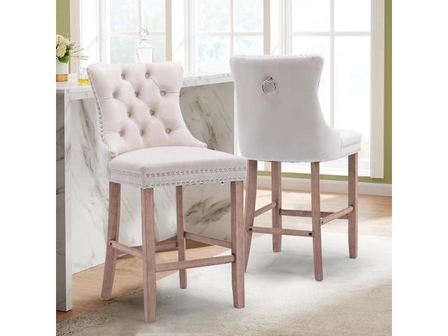 Velvet Upholstered Bar Stools Set of 4 with Back and Wood Legs, Metal Pulling Ring, Armless Counter Height Barstools for Kitchen Island, Pub(Beige)