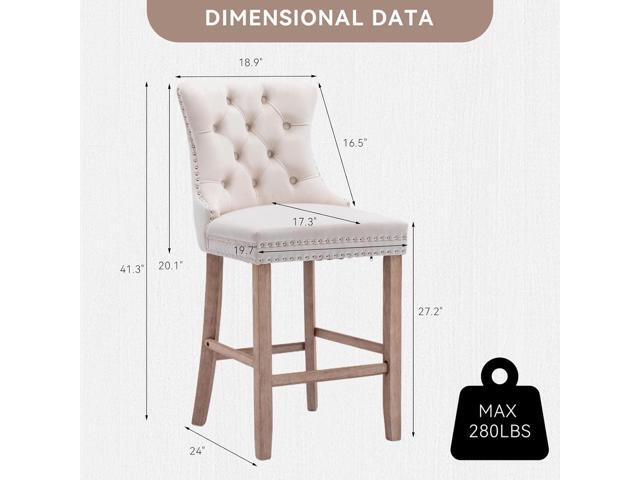 Velvet Upholstered Bar Stools Set of 4 with Back and Wood Legs, Metal Pulling Ring, Armless Counter Height Barstools for Kitchen Island, Pub(Beige)