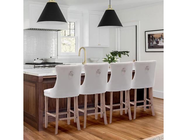 Velvet Upholstered Bar Stools Set of 4 with Back and Wood Legs, Metal Pulling Ring, Armless Counter Height Barstools for Kitchen Island, Pub(Beige)