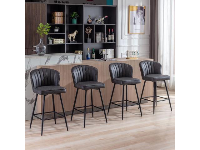 Grey Leather Counter Stools Set of 6 Mid Century Modern Bar Stools Upholstered Counter Height Stool Chairs 26 Inch kitchen Island Chairs with Back,...