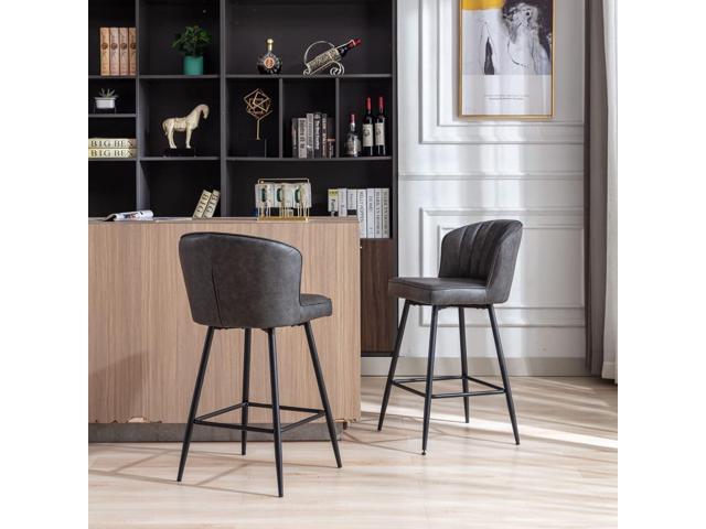 Grey Leather Counter Stools Set of 6 Mid Century Modern Bar Stools Upholstered Counter Height Stool Chairs 26 Inch kitchen Island Chairs with Back,...