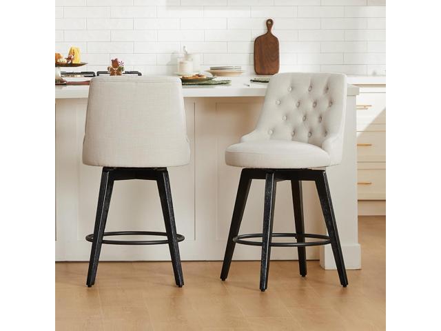 Watson & Whitely Counter Height Bar Stools, Performance Fabric Upholstered Modern Swivel Barstool with Back, Solid Wood Legs, 26' H Seat, Linen