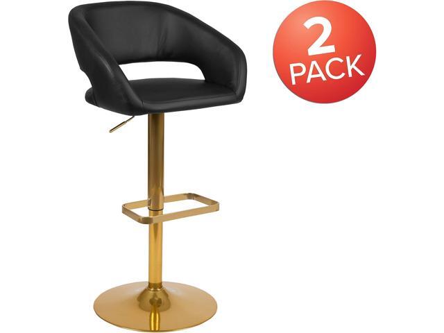EMMA + OLIVER 2PK Black Vinyl Adjustable Height Barstool with Rounded Mid-Back and Gold Base