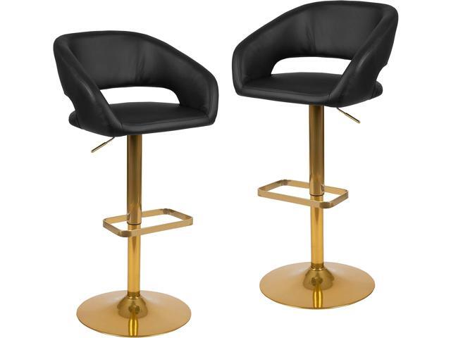 EMMA + OLIVER 2PK Black Vinyl Adjustable Height Barstool with Rounded Mid-Back and Gold Base