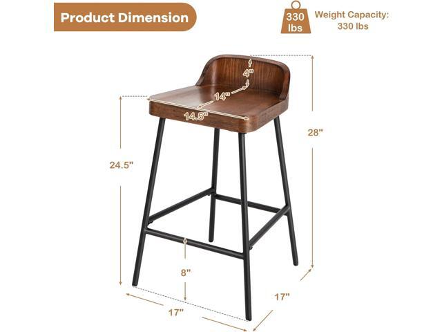 COSTWAY Bar Stool, 24.5-Inch Height Industrial Pub Stool with Backrest and Footrest, Metal Legs, Low-Back Breakfast Counter Height Chair for Living...