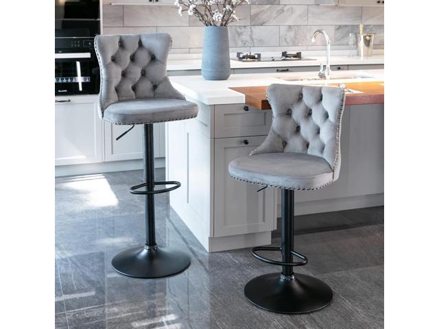 Swivel Counter Height Bar Stools Set of 4, Gray Kitchen Island Barstools, Velvet Adjustable Bar Height Stool Chairs, Tufted Back, Black Metal Base,...