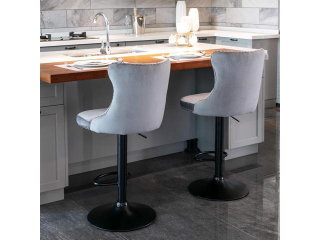 Swivel Counter Height Bar Stools Set of 4, Gray Kitchen Island Barstools, Velvet Adjustable Bar Height Stool Chairs, Tufted Back, Black Metal Base,...