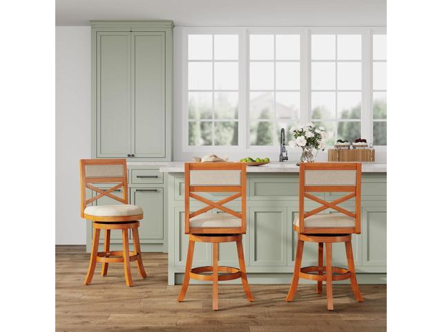 DTY Indoor Living Meeker X Back Fabric Swivel Stool, 24 Counter Height, Natural Finish, Beige Fabric Seat