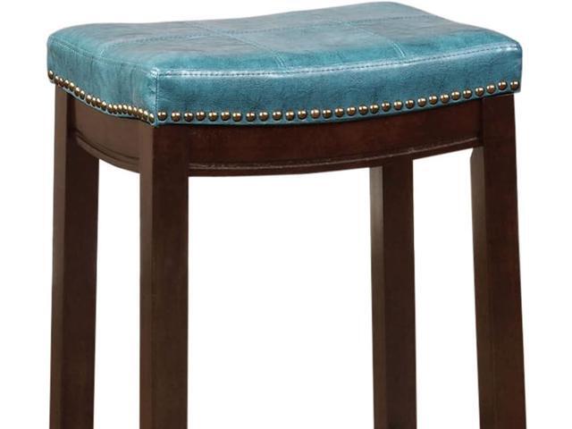 Linon Claridge Backless Counter Stool Blue Faux Leather Wood Frame in Dark Brown