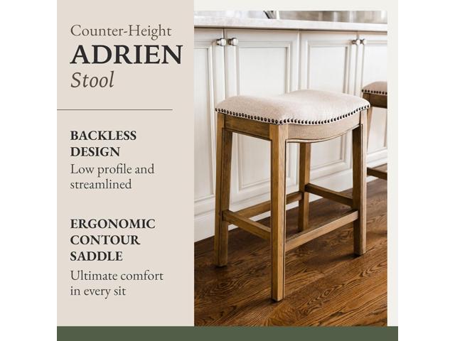 Maven Lane Adrien 26 Inch Counter Height Upholstered Backless Saddle Barstool in Natural Wood Finish with Wheat Cream Fabric Cushion Seat