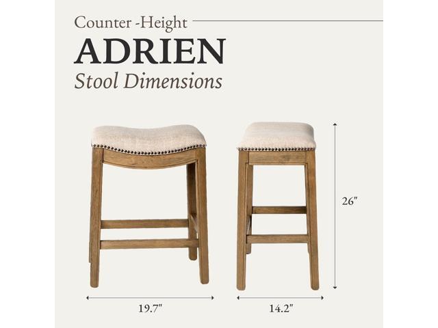 Maven Lane Adrien 26 Inch Counter Height Upholstered Backless Saddle Barstool in Natural Wood Finish with Wheat Cream Fabric Cushion Seat