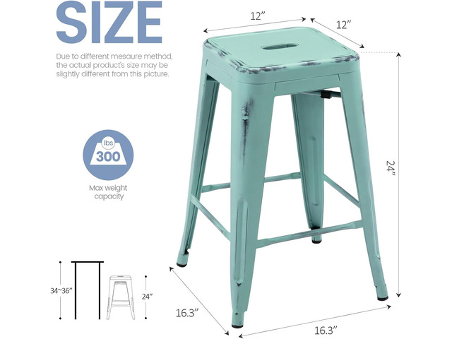 Vogue Furniture Direct 24 Inch Metal Bar Stools, Backless Counter Height Barstools, Indoor Outdoor Stackable Stools with Square Seat, Set of 2...
