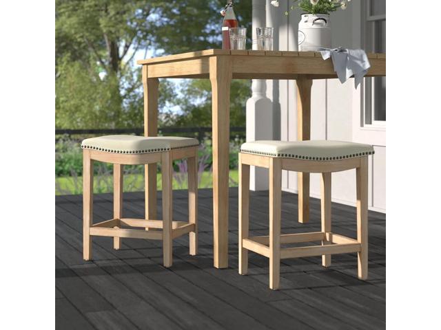 Barton Set of 2 Bar Stools Beige 24' Saddle Backless Premium Padded Indoor/Outdoor Nailhead Cushion Kitchen Counter Chairs Pub Seat Foot Rest
