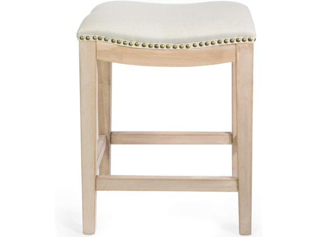 Barton Set of 2 Bar Stools Beige 24' Saddle Backless Premium Padded Indoor/Outdoor Nailhead Cushion Kitchen Counter Chairs Pub Seat Foot Rest