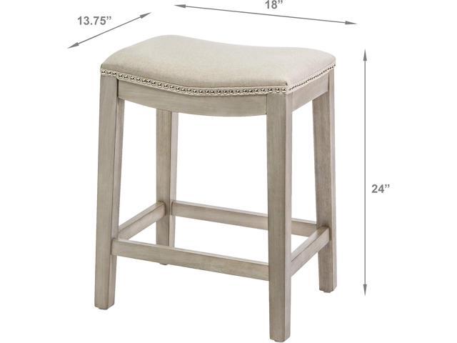 Barton Set of 2 Bar Stools Beige 24' Saddle Backless Premium Padded Indoor/Outdoor Nailhead Cushion Kitchen Counter Chairs Pub Seat Foot Rest