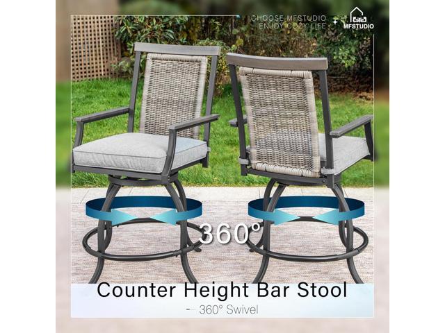MFSTUDIO 3-Piece Outdoor Bar Set with 2 Swivel Wicker Rattan Cushion Chairs and 1 Metal Table, Perfect Patio Counter Height Table and Chairs