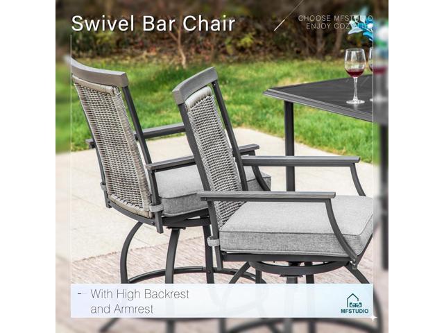 MFSTUDIO 3-Piece Outdoor Bar Set with 2 Swivel Wicker Rattan Cushion Chairs and 1 Metal Table, Perfect Patio Counter Height Table and Chairs