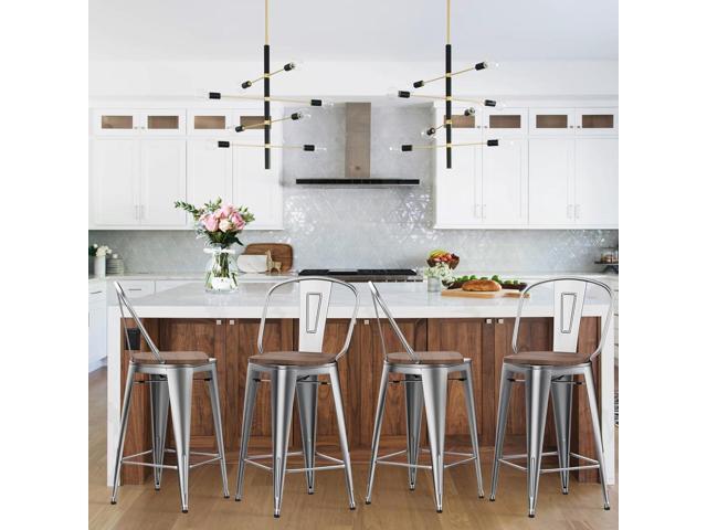 HAOBO Home 24' Swivel Metal Bar Stools High Back Counter Height Stools Industrial Barstools Dinning Chairs Set of 4 (Silver with Wooden Seat)