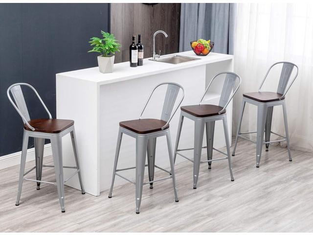 HAOBO Home 24' Swivel Metal Bar Stools High Back Counter Height Stools Industrial Barstools Dinning Chairs Set of 4 (Silver with Wooden Seat)