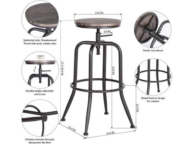 FurnitureR Vintage Industrial Swivel Counter Bar Stools Set of 2, Adjustable Height Stools for Kitchen Island, Round Wood Seat with Metal Frame,...
