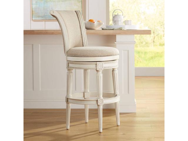 55 Downing Street Oliver Wood Swivel Bar Stool White 30 1/2' High Vintage Traditional Scroll Cream Woven Fabric Round Cushion with Backrest...