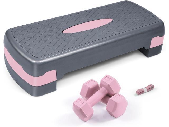 Adjustable Height Aerobic Stepper Set with 2 Dumbbells & Measuring Tape, Workout Exercise Step Platform w/Level Risers, 3 Colors, the Ultimate Gift...