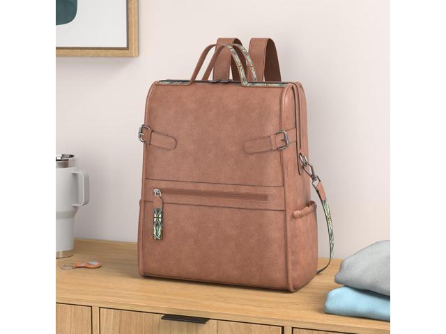 FADEON Leather Laptop Backpack for Women, Designer Ladies Work Travel Computer Backpack with Laptop Compartment Purse Brown