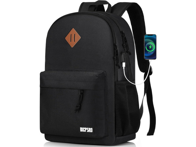 Black Backpack for Women Men, Casual School Backpack for Girls Boys Teens, 17.3 Inch Laptop Bookbag with USB Charger for College High School back...