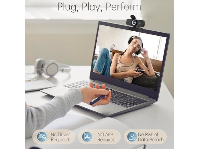 Full HD 1080P Webcam with Built-in Mic Wide Angle & Auto Focus Privacy Cover for PC/Laptop Plug & Play USB Camera Black