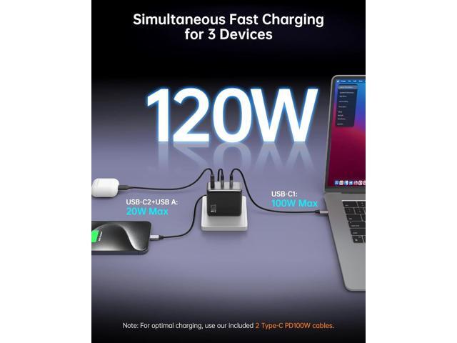 100W USB C Charger, 120W MacBook Pro Charger, 3-Port GaN Fast Charger with PD3.0, PPS, USB C Charger for MacBook pro & MacBook Air, ipad Air,...