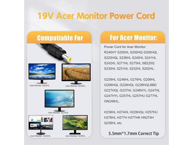 19V Power Cord for Acer Monitor S202HL S271HL SB220Q R240HY R221Q R271 S220HQL S230HL S231HL S232HL S240HL S241HL; H226HQL H236HL H276HL G226HQL...