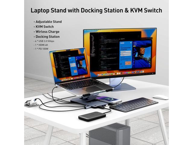 BENFEI Laptop Stand with USB C 6in1 Docking Station, 15W Magnetic Wireless Charger, USB 3.0 KVM Switch, HDMI 4K@60Hz, 4*USB3.0, 100 PD Compatible...