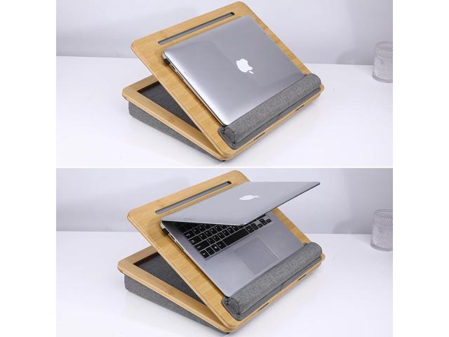 SUMISKY Adjustable Lap Desk-Portable Laptop Stand with Cushion, Bamboo Platform with Phone Holder, Wrist Pad Fits up to 15.6 Inch Laptops