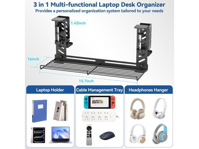 KDD 3-in-1 Laptop Stand Holder Storage, Adjustable Under Desk Cable Management Tray with Headphone Hanger and Cable Ties, No Drill Clamp on Desk...