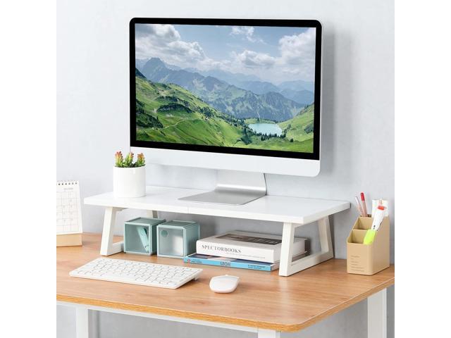 TEAMIX 24 inch Monitor Stand Riser, White Wood & Steel Computer Monitor Stand with Storage, Laptop, PC, Printer Stand Riser for Desktop Office Desk...
