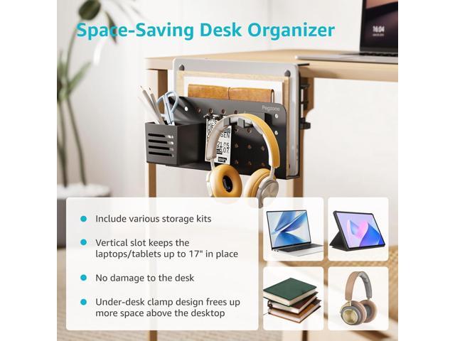 Desk Side Storage Organizer, No Drill Under Desk Laptop Holder, Clamp on Desks Shelf with Pegboard Accessories, Hanging Laptop Mount, Fits Flat...